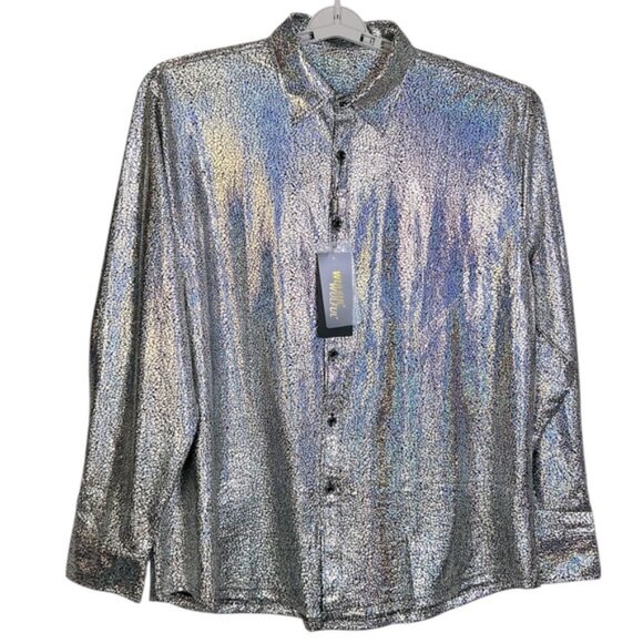 !! SOLD !!  Wulful Disco Party Shirt Metalic Holographic Nightclub Men Silver XL - Picture 4 of 16